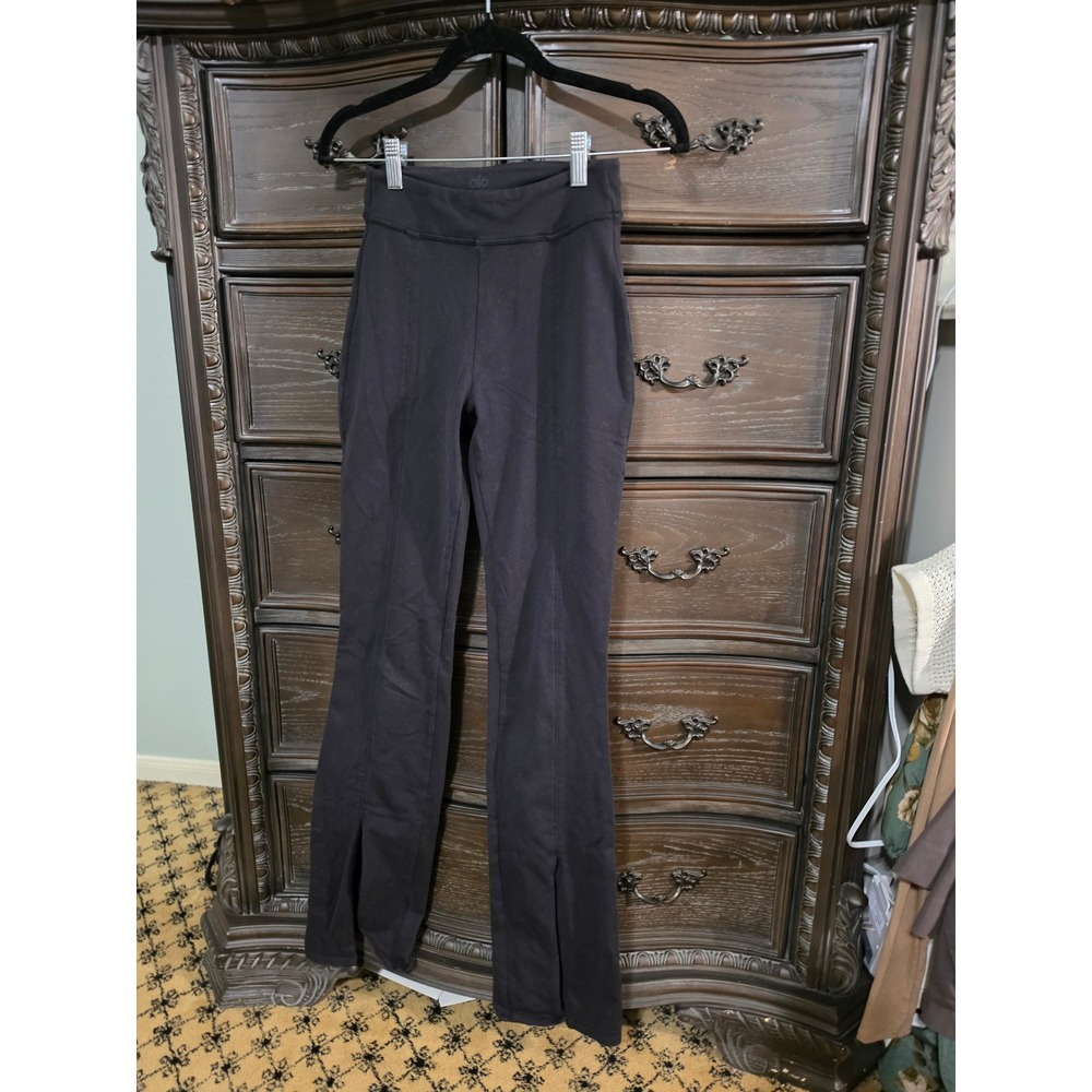 Alo Yoga Black Airbrush High-Waist Front Split Pant Flare Leggings Womens
